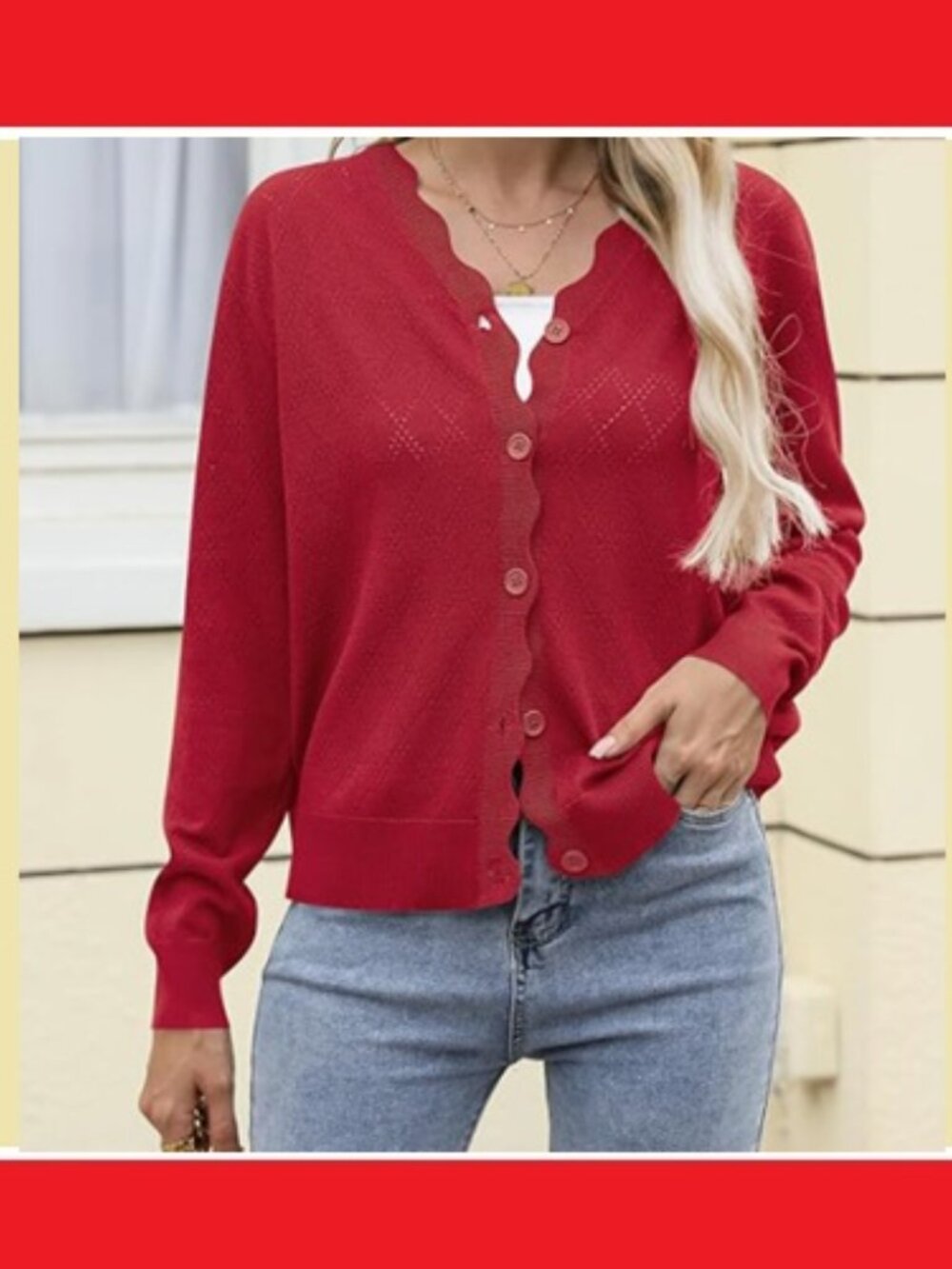 Lilbetter Lightweight Button-Down Diamond Openweave Cardigan Sweater, Red, Large